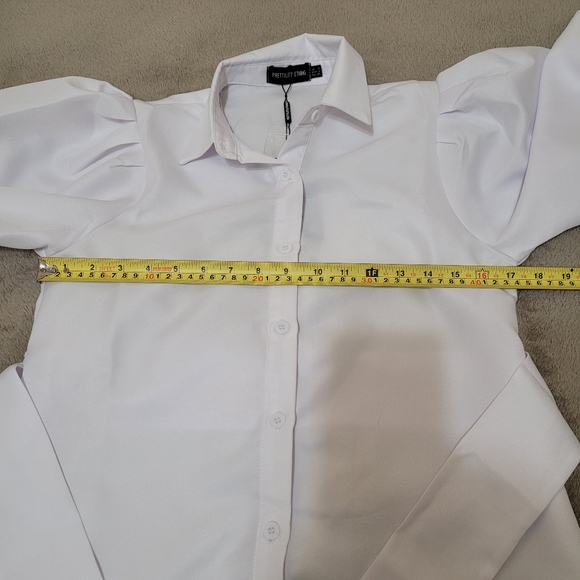 PrettyLittleThing White Flare Puff Sleeve Tie Waist Shirt Dress size 4 - Picture 9 of 13
